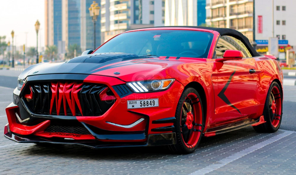 Red Ford Mustang EcoBoost Convertible V4 2018 for rent in Dubai 5